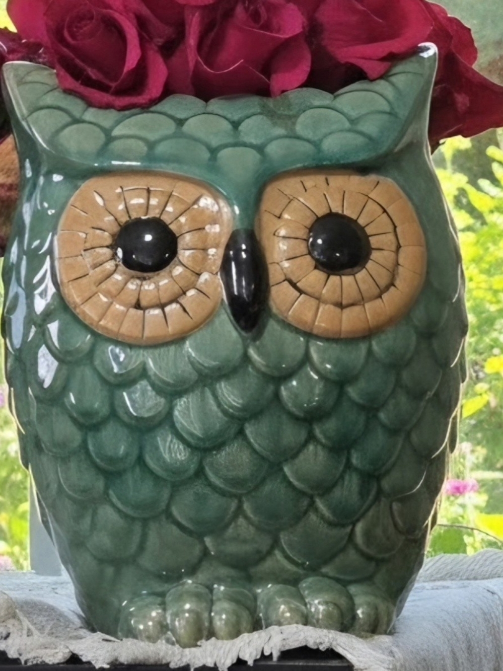 large teal and tan owl vase or just owl decor. It is 9.25 inches tall